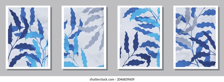 Floral interior posters set. Summer twigs with foliage. Eucalyptus leaves minimal botanical design.. Sage nature frames. Twigs vector illustration. vector design..