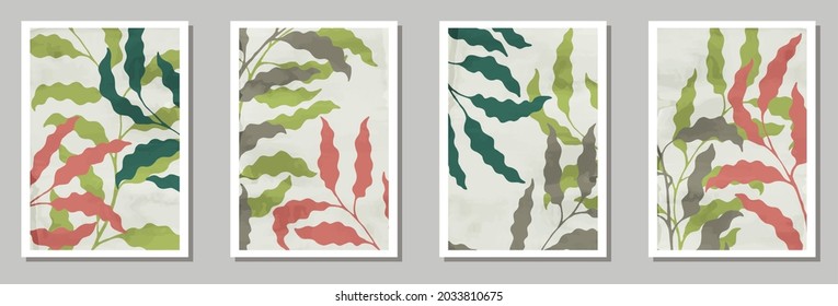 Floral interior prints set. Spring twigs with leaves. Sage foliage abstract botanical patterns. Eucalyptus nature covers. Branches vector illustration. vector design..