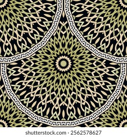 Floral intricate lines and curves beautiful mandalas seamless pattern with circle frames, borders, greek key, meander. Vector ornamental arabesque style modern background. Endless ornate texture.