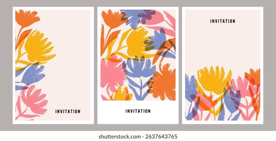 Floral invitation. Abstract flower cards. Hand drawn flowers frame for holiday postcard, wedding invitation, Womens day, Mothers day background. Vector botanical spring texture.