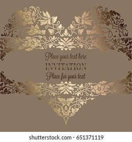 Floral invitation card with antique, luxury beige and gold vintage frame and big ornamental heart,victorian banner,exquisite wallpaper ornament, baroque style booklet,fashion pattern, design template.