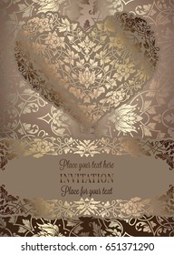 Floral invitation card with antique, luxury beige and gold vintage frame and big ornamental heart,victorian banner,exquisite wallpaper ornament, baroque style booklet,fashion pattern, design template.