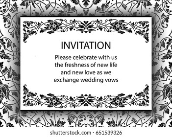 Floral invitation card with antique, luxury black and white vintage frame and ornamental lacy background,victorian banner,exquisite wallpaper ornament, baroque style fashion pattern, design template.
