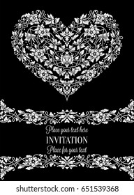 Floral invitation card with antique, luxury black and white vintage frame and big ornamental heart,victorian banner,exquisite wallpaper ornament, baroque style booklet,fashion pattern,design template.