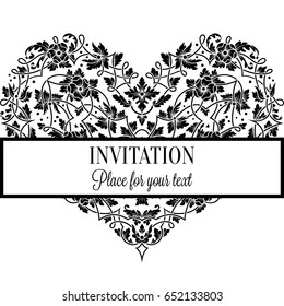 Floral invitation card with antique, luxury black and white vintage frame and big ornamental heart,victorian banner,exquisite wallpaper ornament, baroque style booklet,fashion pattern,design template.