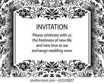 Floral invitation card with antique, luxury black and white vintage frame and ornamental lacy background,victorian banner,exquisite wallpaper ornament, baroque style fashion pattern, design template.
