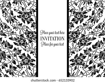 Floral invitation card with antique, luxury black and white vintage frame and ornamental lacy background,victorian banner,exquisite wallpaper ornament, baroque style fashion pattern, design template.