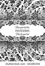 Floral invitation card with antique, luxury black and white vintage frame and ornamental lacy background,victorian banner,exquisite wallpaper ornament, baroque style fashion pattern, design template.