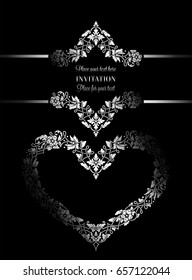 Floral invitation card with antique, luxury black and white vintage frame and big ornamental heart,victorian banner,exquisite design template.