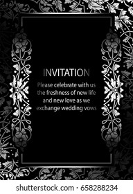 Floral invitation card with antique, luxury black and silver vintage frame and ornamental lacy background,victorian banner,exquisite wallpaper ornament, baroque style fashion pattern, design template.