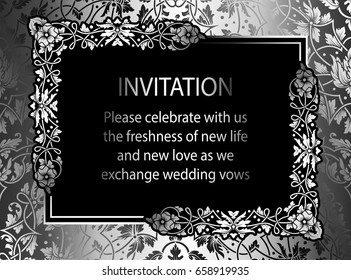 Floral invitation card with antique, luxury silver and gray vintage frame and ornamental lacy background,victorian banner,exquisite wallpaper ornament, baroque style fashion pattern, design template.