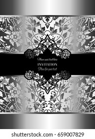 Floral invitation card with antique, luxury silver and gray vintage frame and ornamental lacy background,victorian banner,exquisite wallpaper ornament, baroque style fashion pattern, design template.
