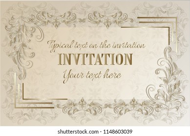 Floral invitation card or background with antique, luxury beige and gold vintage frame, baroque style booklet, fashion pattern