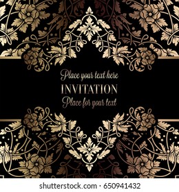 Floral invitation card or background with antique, luxury black and gold vintage frame, victorian banner, exquisite wallpaper ornament, baroque style booklet, fashion pattern, template for design.