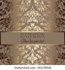 Floral invitation card or background with antique, luxury beige and gold vintage frame, victorian banner, exquisite wallpaper ornament, baroque style booklet, fashion pattern, template for design.