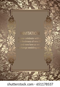 Floral invitation card or background with antique, luxury beige and gold vintage frame, victorian banner, exquisite wallpaper ornament, baroque style booklet, fashion pattern, template for design.