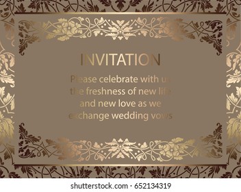 Floral invitation card or background with antique, luxury beige and gold vintage frame, victorian banner, exquisite wallpaper ornament, baroque style booklet, fashion pattern, template for design.
