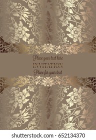 Floral invitation card or background with antique, luxury beige and gold vintage frame, victorian banner, exquisite wallpaper ornament, baroque style booklet, fashion pattern, template for design.