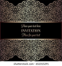 Floral invitation card or background with antique, luxury black and gold vintage frame, victorian banner,intricate wallpaper lacy ornament, baroque style booklet,fashion pattern, template for design.