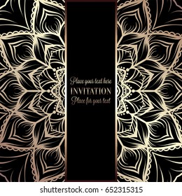 Floral invitation card or background with antique, luxury black and gold vintage frame, victorian banner,intricate wallpaper lacy ornament, baroque style booklet,fashion pattern, template for design.