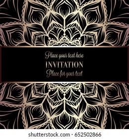 Floral invitation card or background with antique, luxury black and gold vintage frame, victorian banner,intricate wallpaper lacy ornament, baroque style booklet,fashion pattern, template for design.