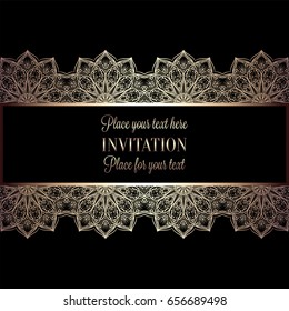 Floral invitation card or background with antique, luxury black and gold vintage frame, victorian banner,intricate wallpaper lacy ornament, baroque style booklet,fashion pattern, template for design.