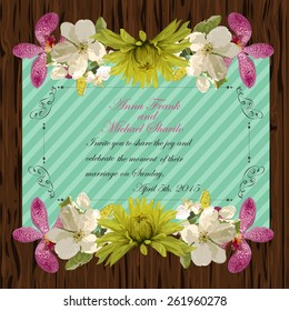 Floral invitation card with beautiful spring flowers and banner style. Perfect for wedding, greeting or invitation design. Vector 