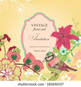 Floral invitation card with bird. Hand drawn.