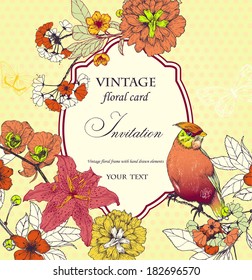 Floral invitation card with bird. Hand drawn.