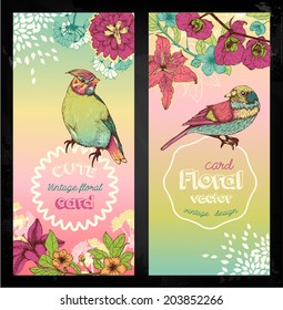 Floral invitation card with bird. Hand drawn. 