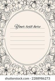 Floral invitation card with cherry flowers. Vintage floral frame for a text. Wedding hand drawn ornament concept,greeting card.   Hand drawn ink template for a text.