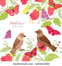 Floral Invitation Card With Couple Of Birds For Your Design