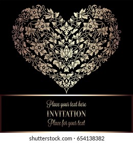 Floral invitation card with gold vintage frame and big ornamental heart,victorian banner,exquisite wallpaper ornament, baroque style booklet,fashion pattern, design template.