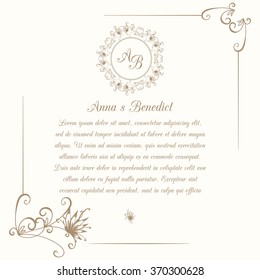 Floral invitation card with monogram for wedding, save the date.