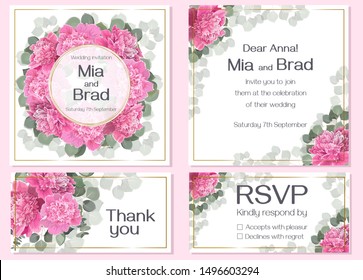 Floral invitation card, rsvp, thank you. Beautiful pink peony flowers, eucalyptus leaves.