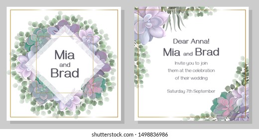 Floral invitation card. Succulents, eucalyptus, berries, plants and leaves.