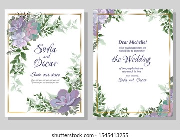 Floral invitation card. Succulents, eucalyptus, berries, plants and leaves.