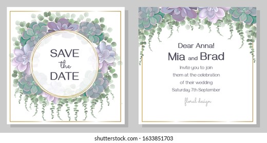 Floral invitation card. Succulents, eucalyptus, round golden frame, ivy, plants and leaves.