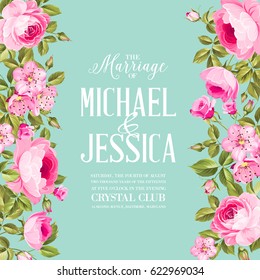 Floral invitation card. Invitation card template with blooming flowers and custom text isolated over blue. Pink flowers on the blue background. Vector illustration.