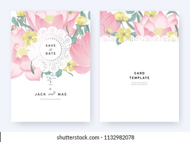 Floral invitation card template design, pink lotus flowers and leaves with lace frame on white background, pastel vintage theme