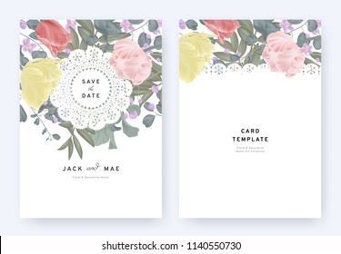 Floral invitation card template design, tulips, Thalictrum delavayi  flowers and leaves with lace frame on white background, pastel vintage theme