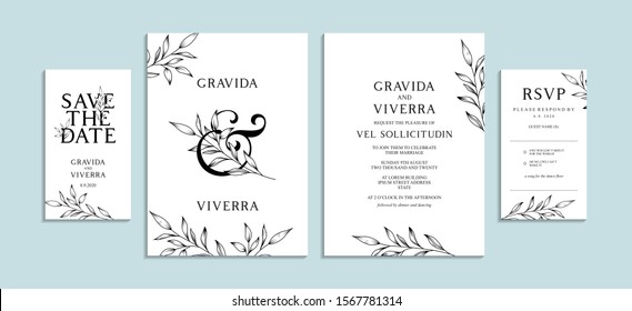 Floral invitation card template design, quince flowers with ampersand lettering. Vintage theme vector illustration.