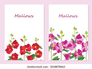 Diseño de plantillas de tarjetas de invitación florales, flores mallow rojas y rosas con hojas sobre blanco. Ilustración vectorial.