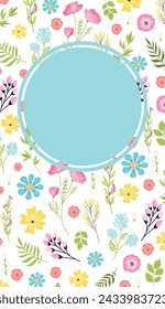 Floral invitation card template design, spring flowers leaves central blue copy space. Bright springtime greeting card design, floral pattern frame isolated white background. Pastel colored