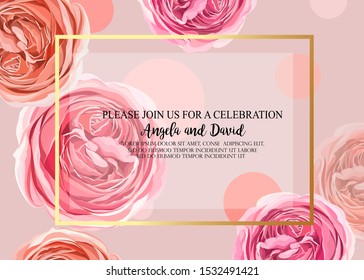 Floral Invitation with gentle,elegant hand drawn roses for wedding or celebration invitation. Invite for cosmetic products sale. Thank you,Love cards. Garden Rose flower bouquet with circles decor