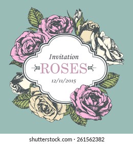 Floral invitation with hand-drawn garden roses. Vector isolated elements