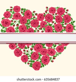 Floral invitation, heart of roses. Greeting card template from garden charming flowers. Design artwork for the poster, wedding invitation, calendars. Place for text. 