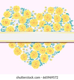 Floral invitation, heart of yellow roses. Greeting card template from garden charming flowers. Design artwork for the poster, wedding invitation, calendars. Place for text. 