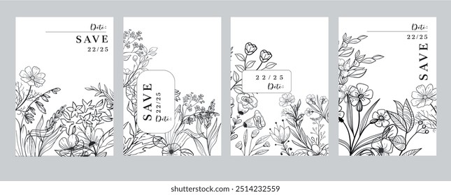 Convite floral definir cartão de data com várias flores. Luxo vintage botanical layout vetor ilustração, brochura ou capa	