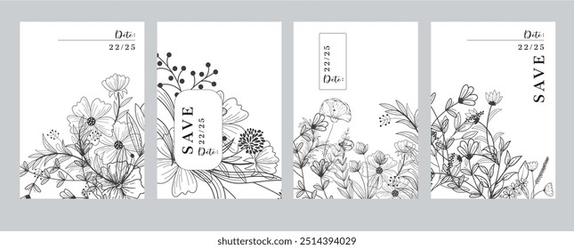 Convite floral definir cartão de data com várias flores. Luxo vintage botanical layout vetor ilustração, brochura ou capa	